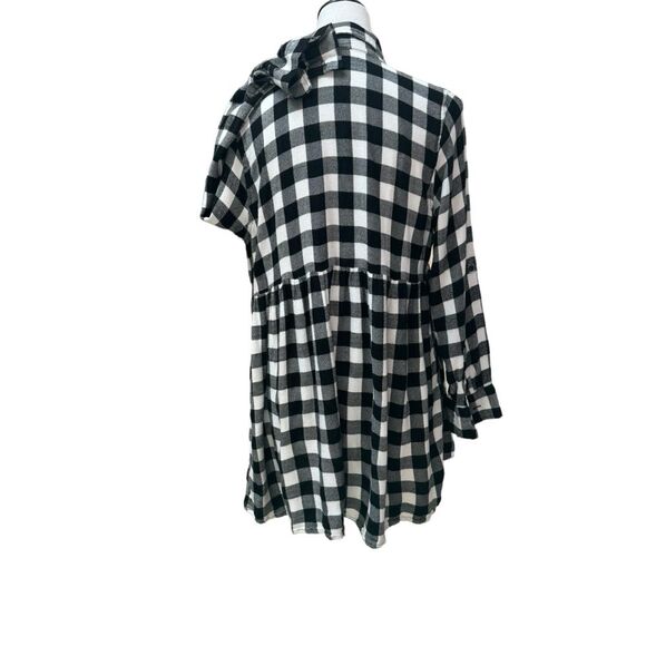 Buffalo Plaid Black White Button Down Long Sleeve Shirt Dress‎ - Picture 3 of 8